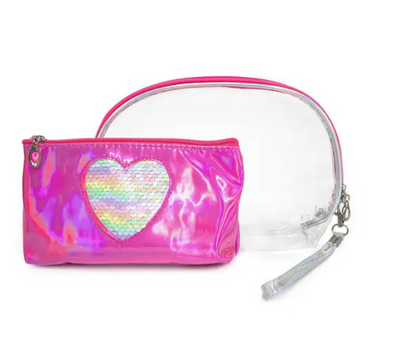 2pc Hologram Heart Cosmetic Bag Set - Pink